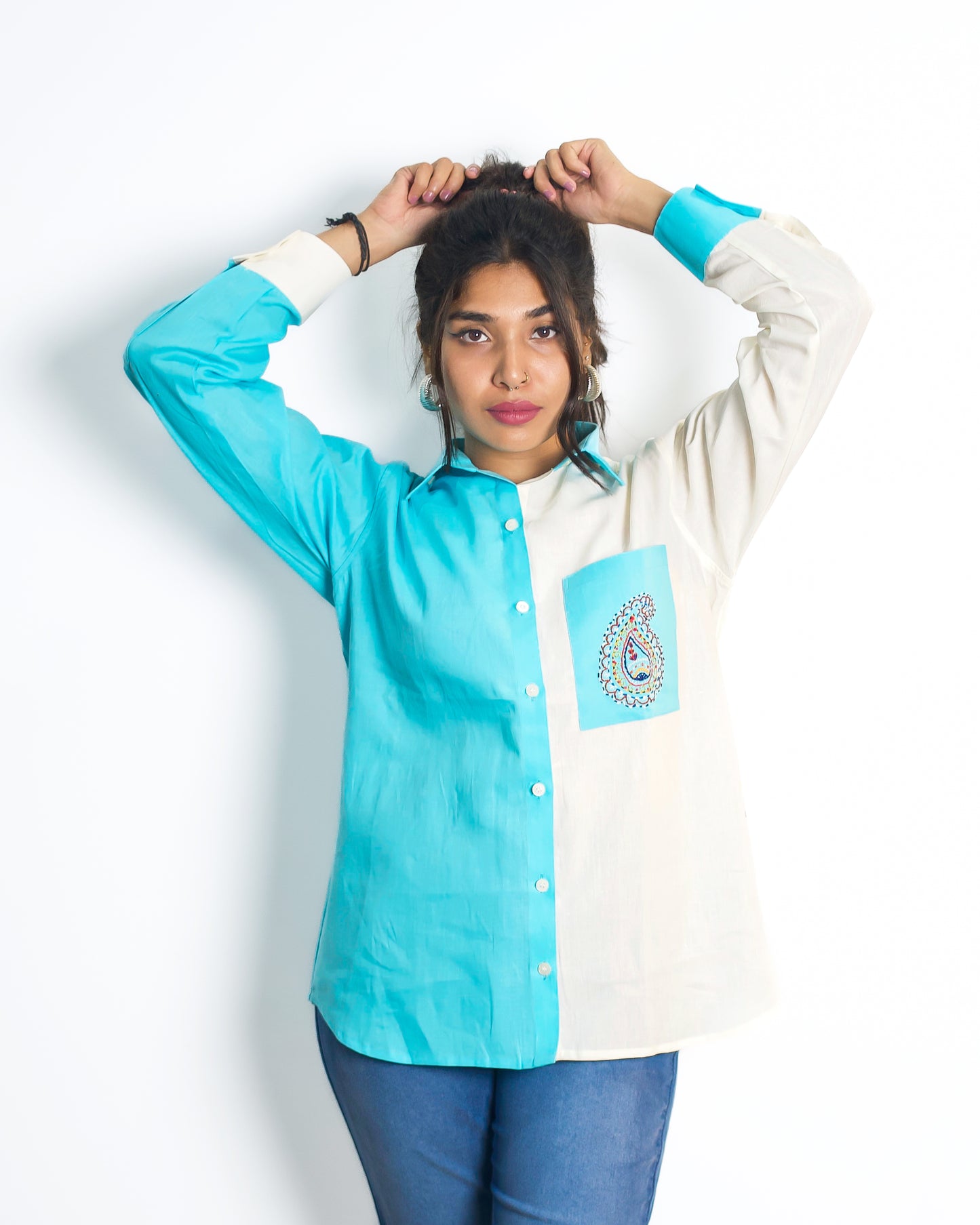 Hand embroidered Multi Color Shirt (Blue)