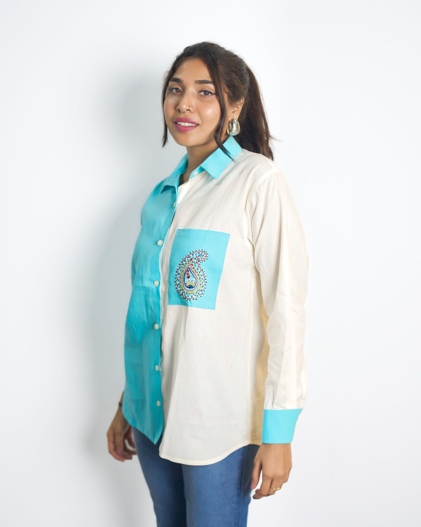 Hand embroidered Multi Color Shirt (Blue)