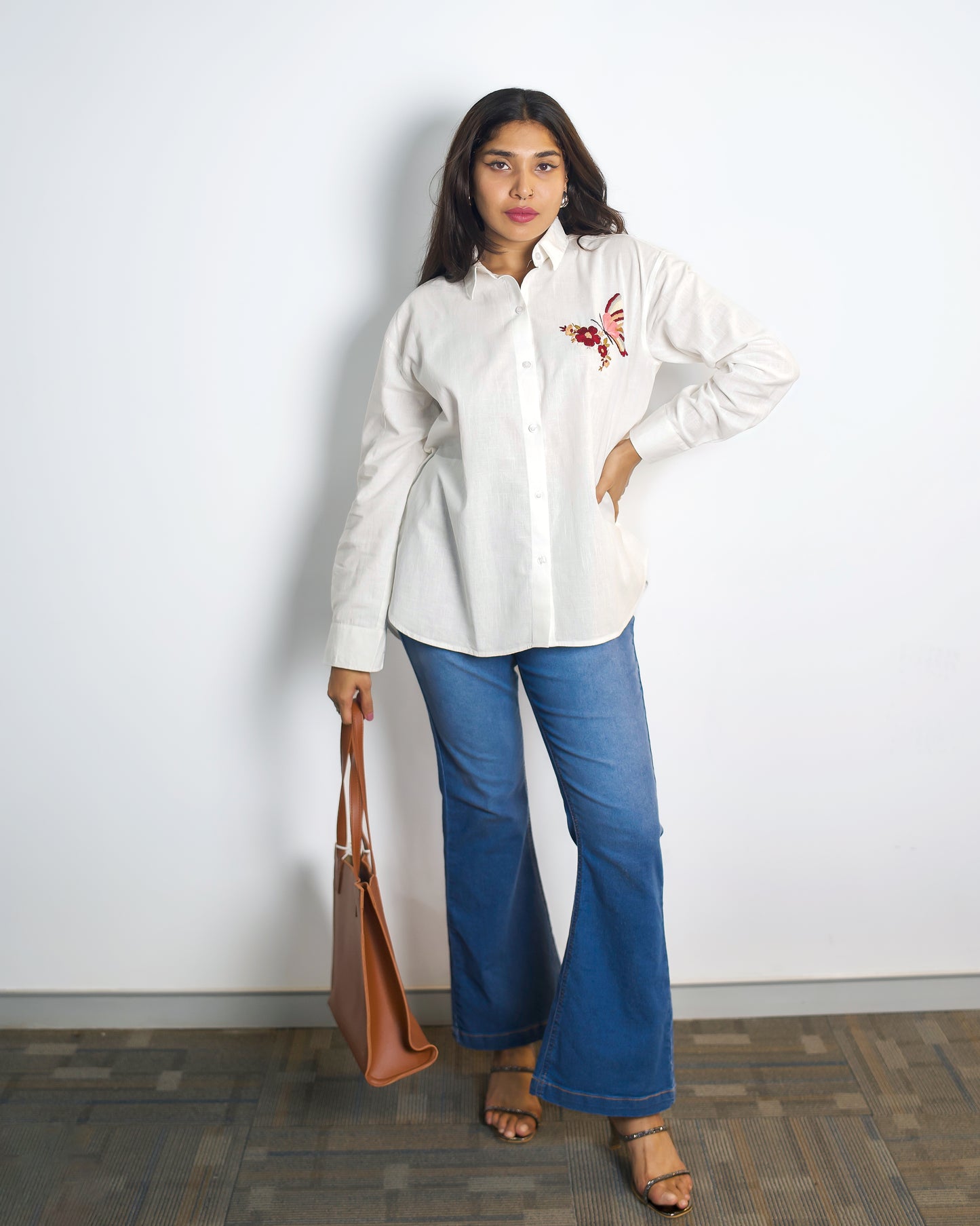 Oversized Linen Shirt Butterfly Hand Embroidery