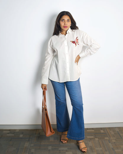 Oversized Linen Shirt Butterfly Hand Embroidery