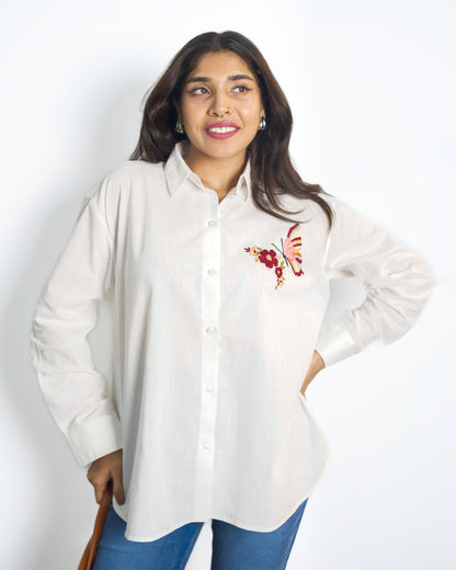 Oversized Linen Shirt Butterfly Hand Embroidery