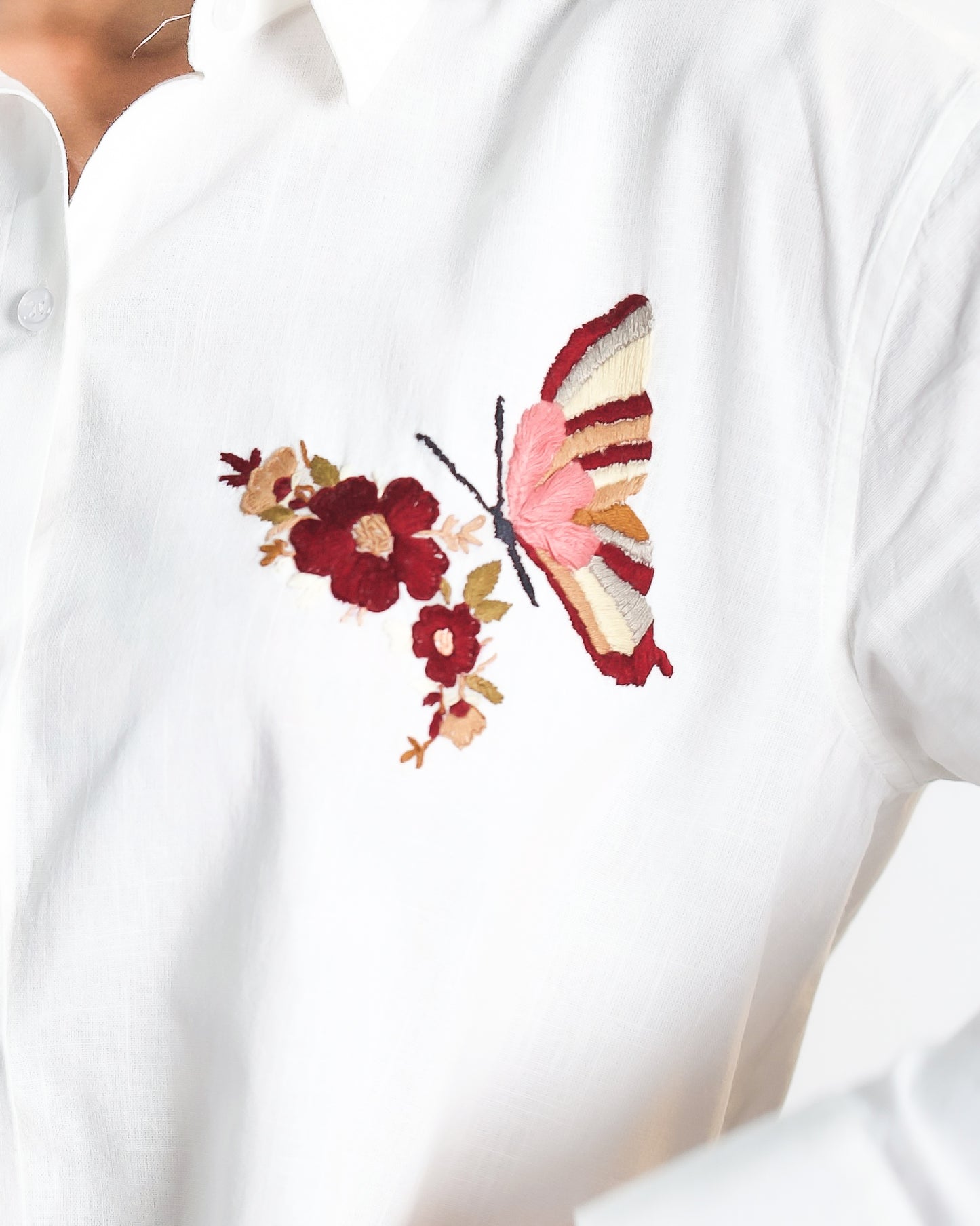 Oversized Linen Shirt Butterfly Hand Embroidery