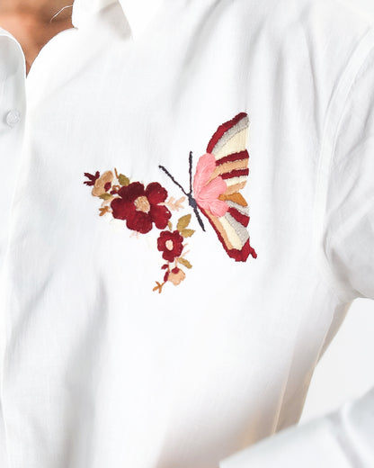 Oversized Linen Shirt Butterfly Hand Embroidery