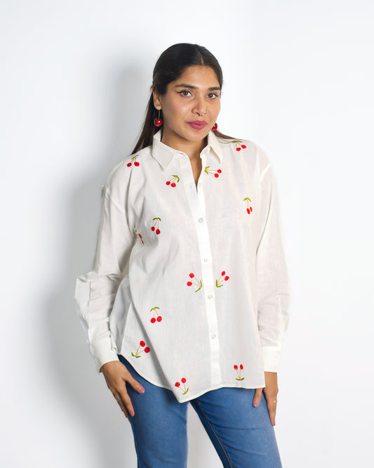 Oversized Embroided White Linen Shirt (Cherry)