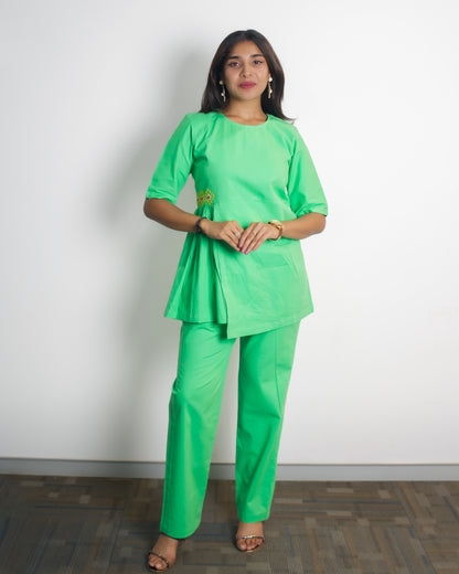 Relaxed Fit Cotton Hand Embroidered Co-Ord Set (Green)