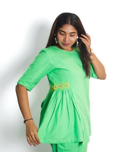 Relaxed Fit Cotton Hand Embroidered Co-Ord Set (Green)
