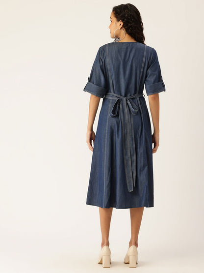 Denim Midi A-Line Dress with Belt