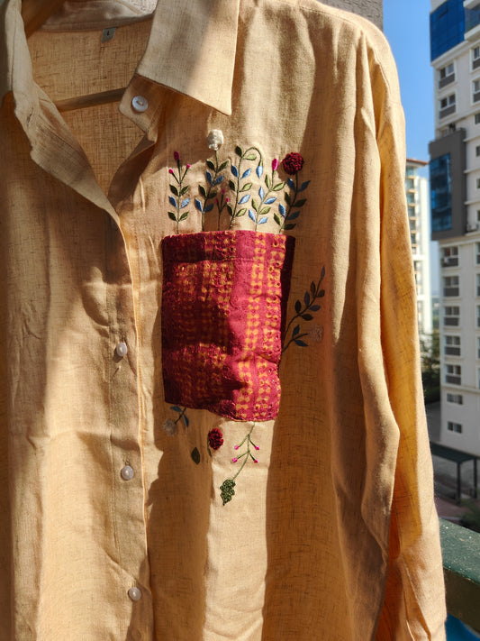 Oversized Embroided White Linen Shirt (Flower)