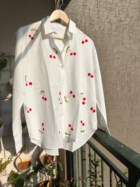 Oversized Embroided White Linen Shirt (Cherry)