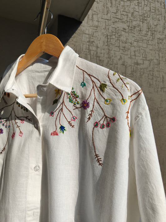 Oversized Embroided White Linen Shirt (Branch)