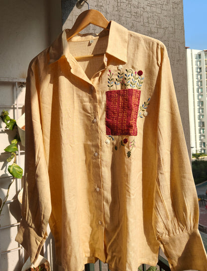 Oversized Embroided Brown Linen Shirt (Flower)