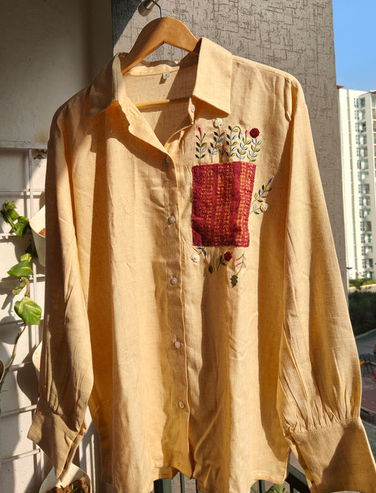 Oversized Embroided White Linen Shirt (Flower)