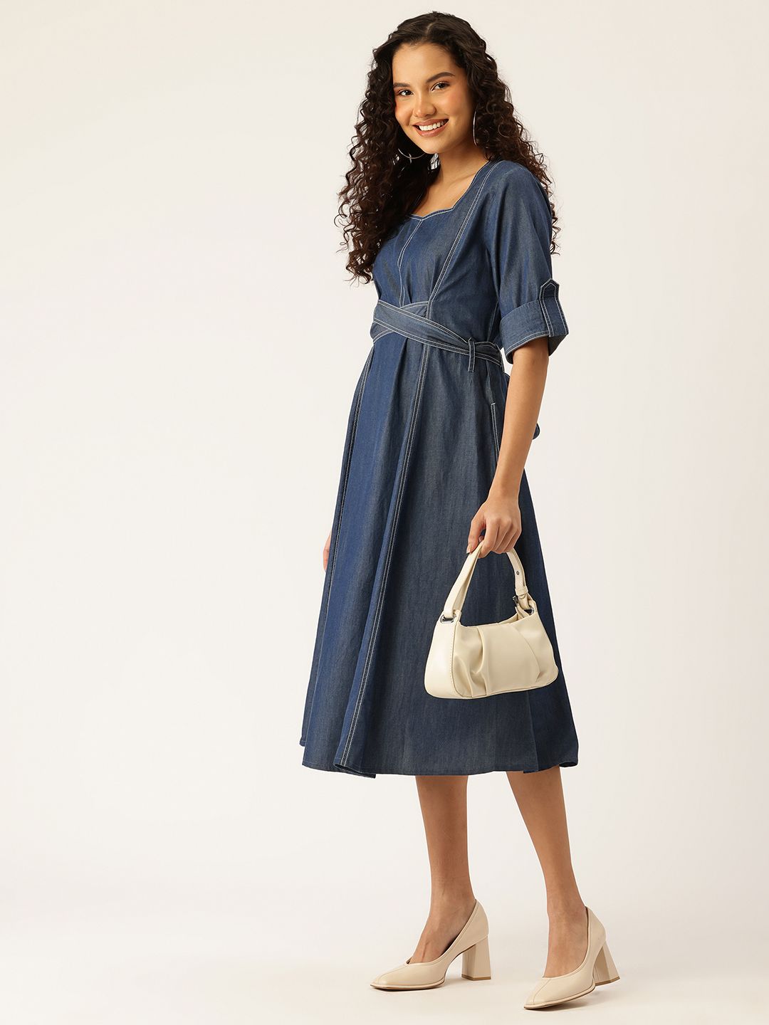Denim Midi A-Line Dress with Belt