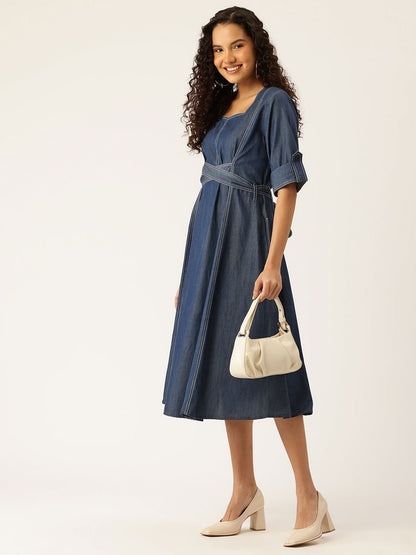 Denim Midi A-Line Dress with Belt