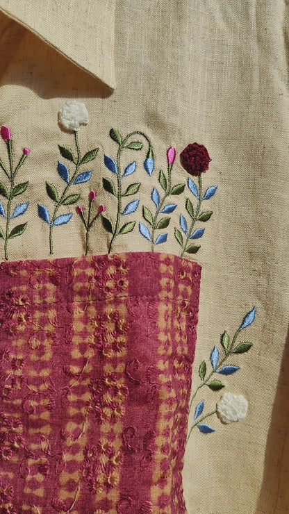 Oversized Embroided Brown Linen Shirt (Flower)
