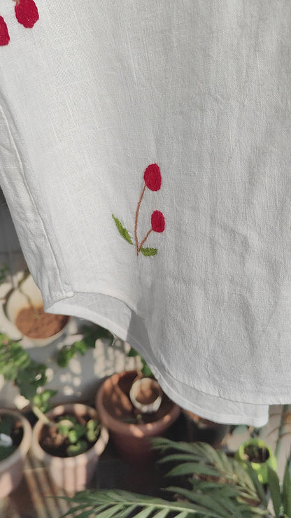 Oversized Embroided White Linen Shirt (Cherry)