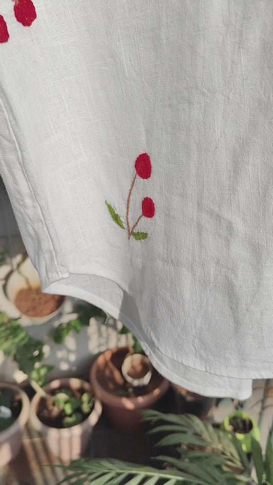 Oversized Embroided White Linen Shirt (Cherry)